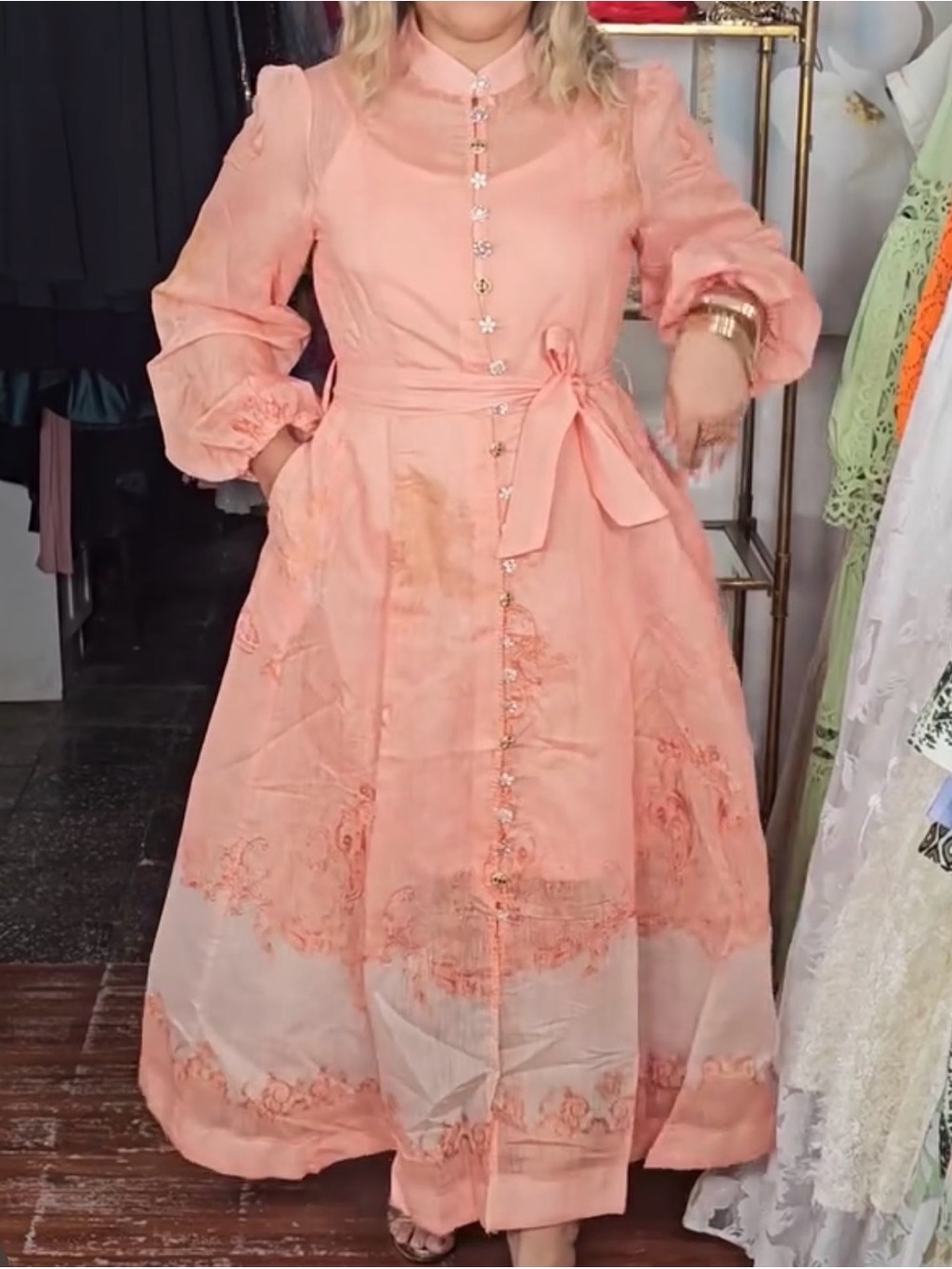 Floral Peach Long Puff Sleeve Button Maxi Dress With Tie Waist